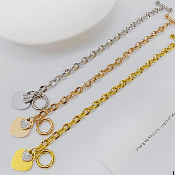 3/$35 Gold Plated Heart Charm Chain Toggle Bracelet Rhinestone Steel Diamond - Picture 5 of 7